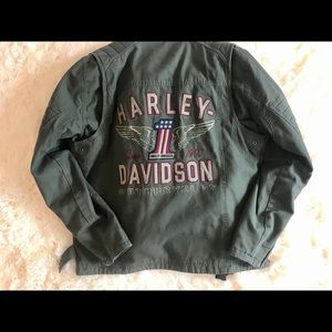 H-D Green Denim Jacket with Removable Hoodie - M